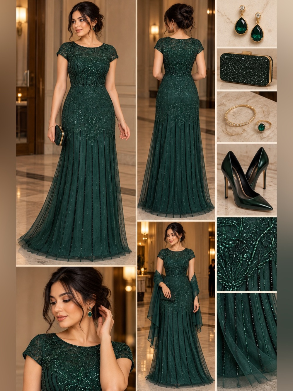 Adrianna Papell Emerald Green Beaded Maxi Gown
